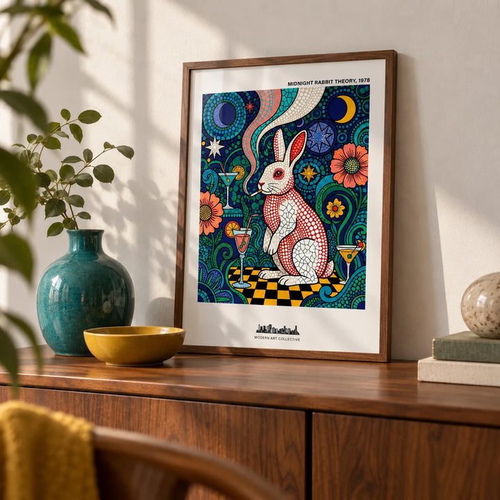Colorful Rabbit Art Print, a small A4 framed print leaning on a walnut sideboard in a living room