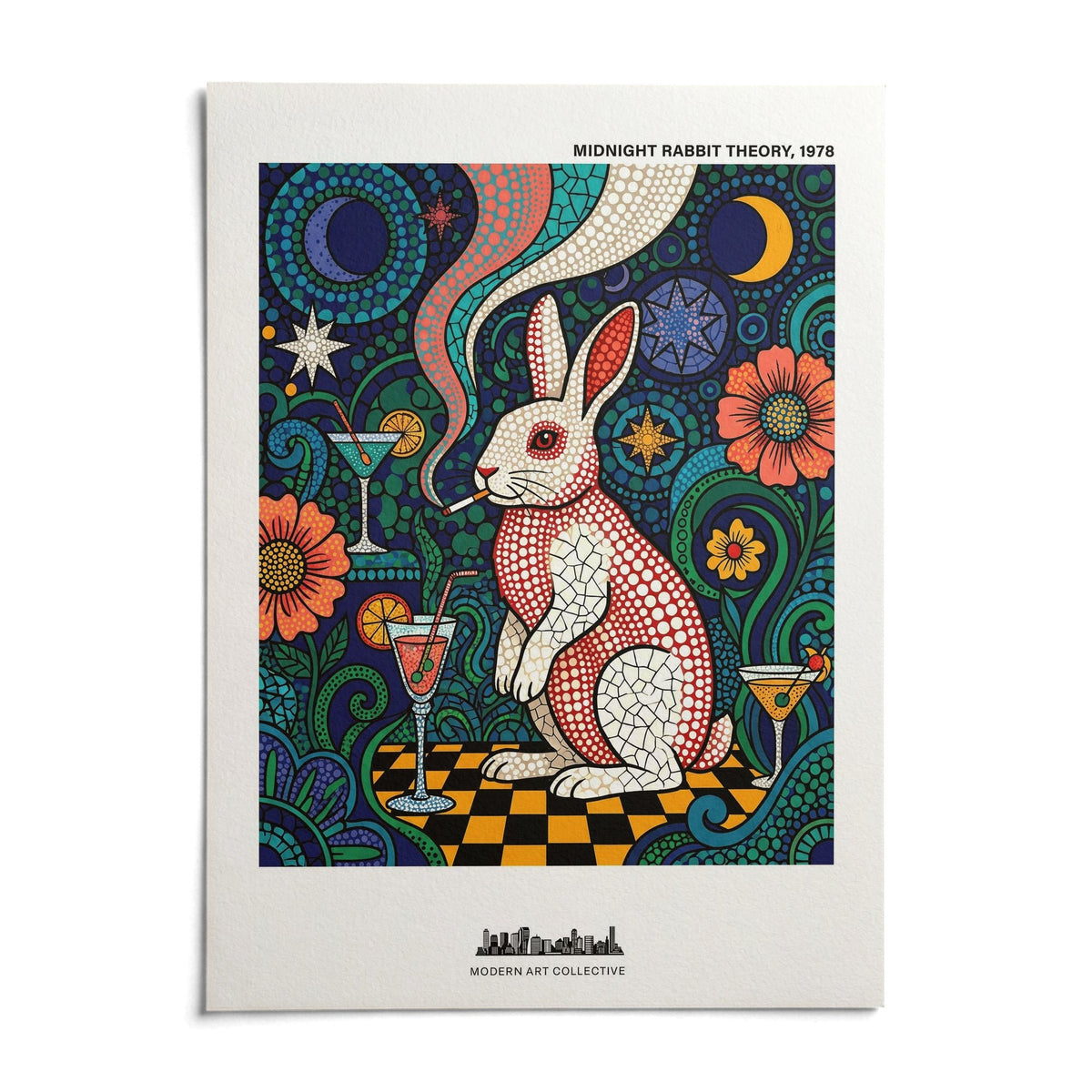 Colorful Rabbit Art Print, shown as an unframed paper print on a plain white background
