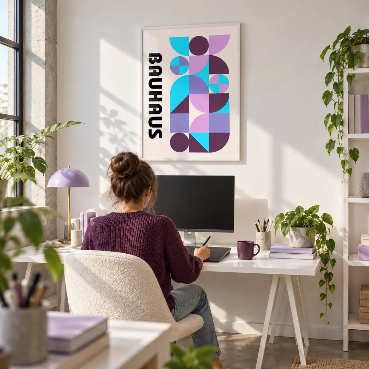 Colorful Shape Print, framed on the wall of a bright creative studio with a white wall and a concrete floor in a home office