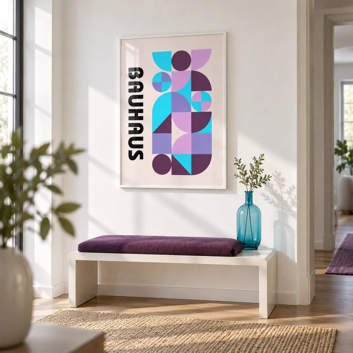 Colorful Shape Print, framed on the wall of a crisp white hallway