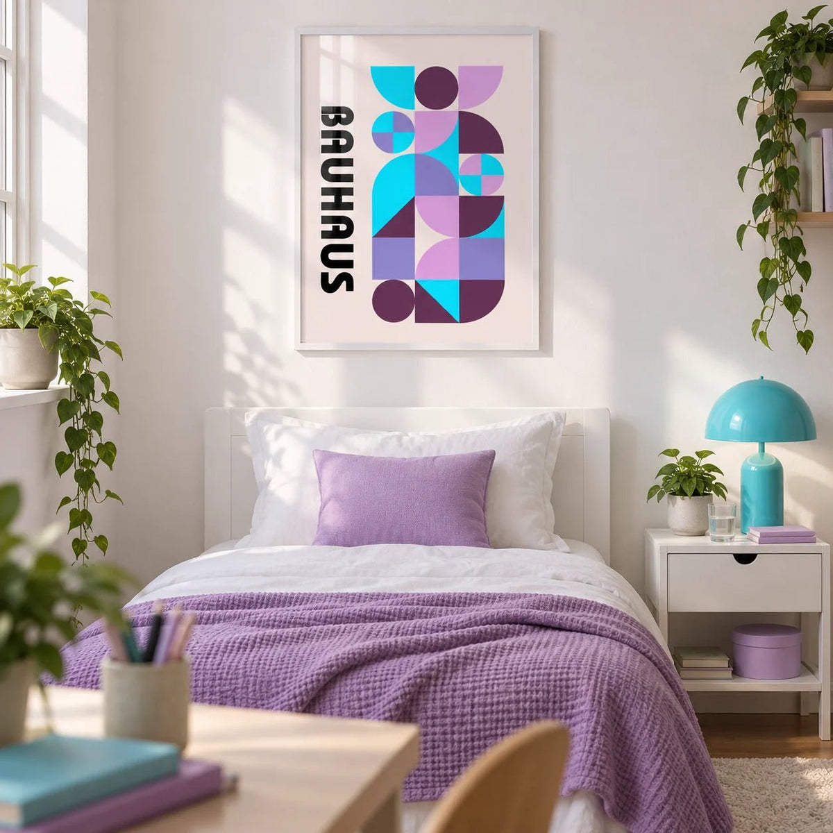 Colorful Shape Print, framed on the wall of a fresh single bedroom for a female student or graduate (18-25) with a white wall