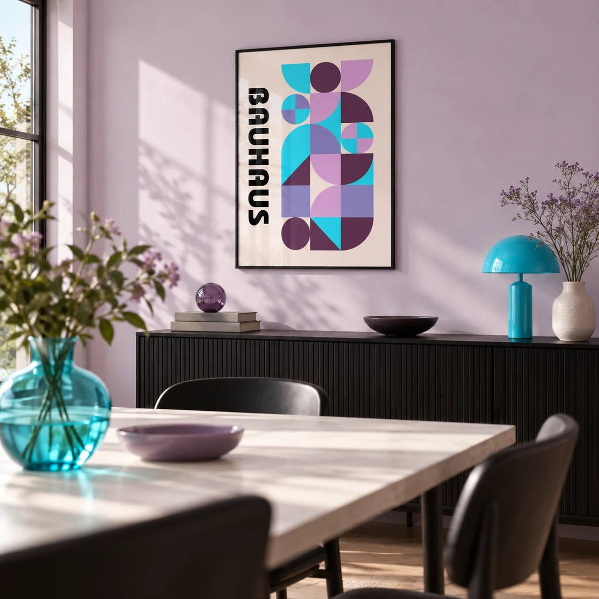 Colorful Shape Print, framed on the wall of a modern dining room with a pale lilac wall