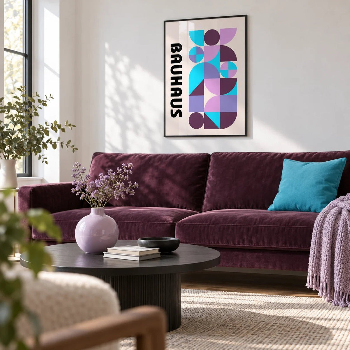 Colorful Shape Print, framed on the wall of a modern living room with a white wall