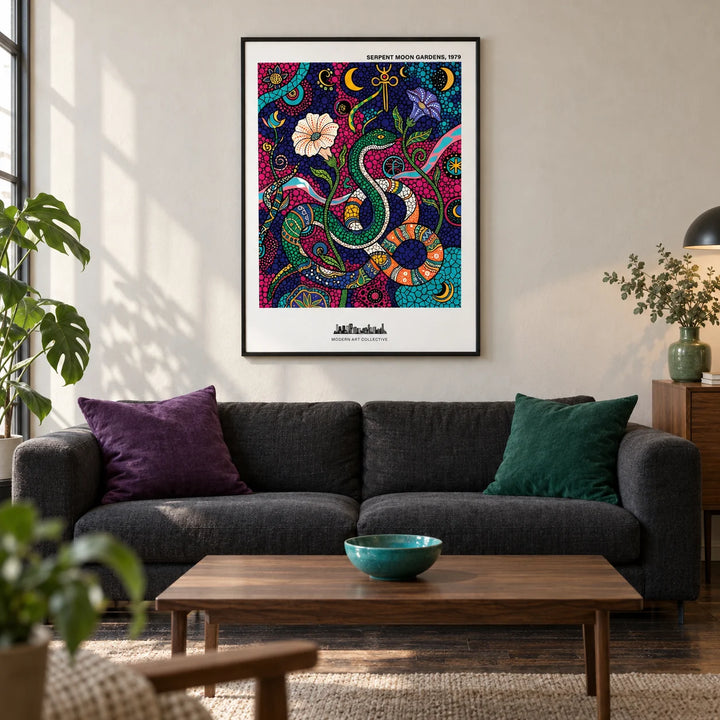 Snake Wall Art, framed on the wall of a contemporary living room in a creative UK city flat with a pale plaster wall and dark timber flooring