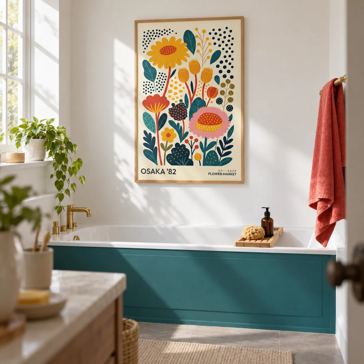 Spring Print, framed on the wall of a bright bathroom with plain white walls and a solid teal painted bath panel