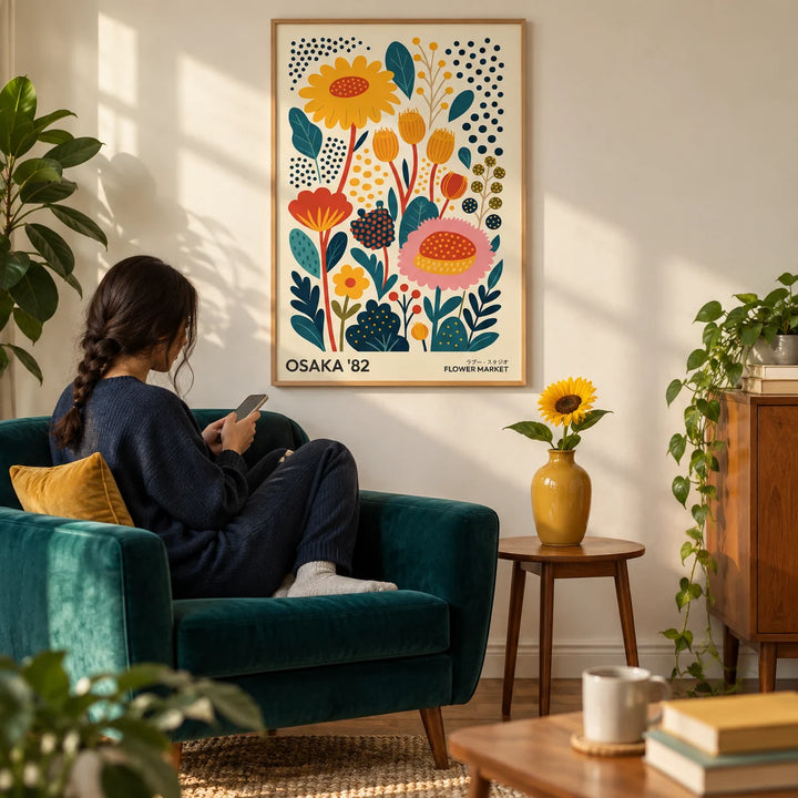 Spring Print, framed on the wall of a bright mid-century modern living room with a warm white wall