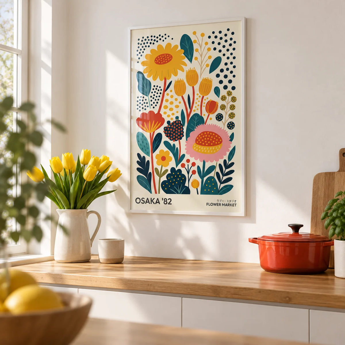 Spring Print, framed on the wall of a bright modern kitchen with plain white walls