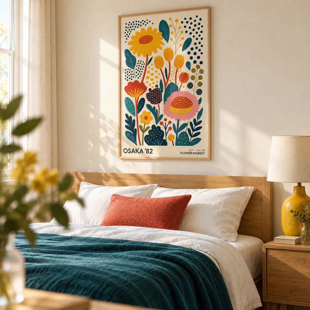 Spring Print, framed on the wall of a cheerful bedroom with a soft cream wall