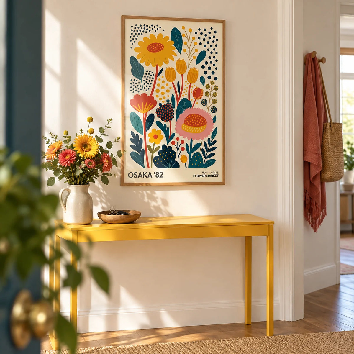 Spring Print, framed on the wall of a cheerful hallway with a warm white wall