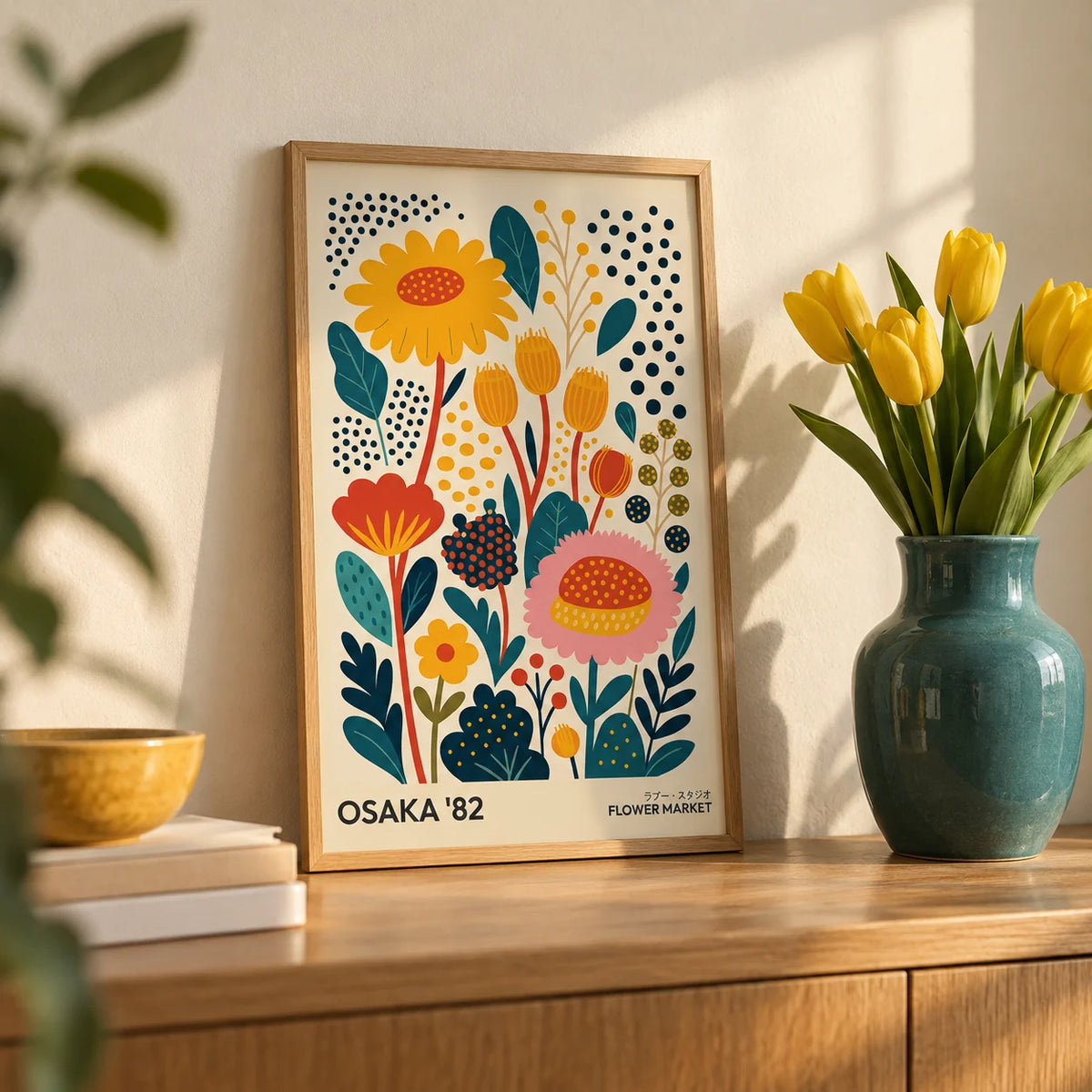 Spring Print, a small A4 framed print leaning on an oak shelf in a living room