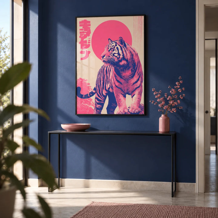 Colorful Tiger Wall Art, framed on the wall of a modern hallway with a solid indigo blue wall and a pale floor