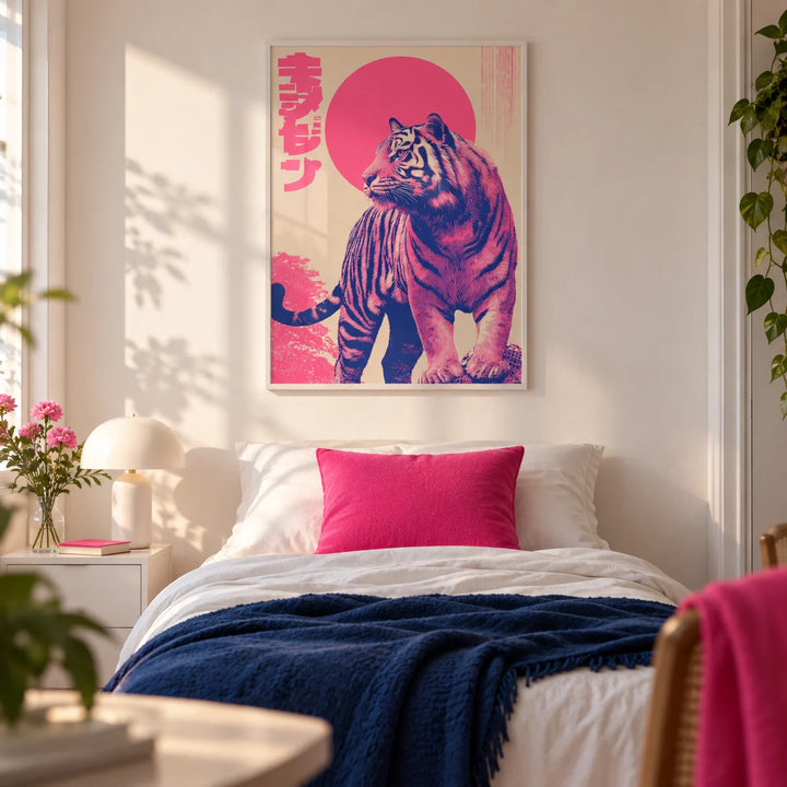 Colorful Tiger Wall Art, framed on the wall of a stylish young woman's bedroom (18-25) with a warm white wall