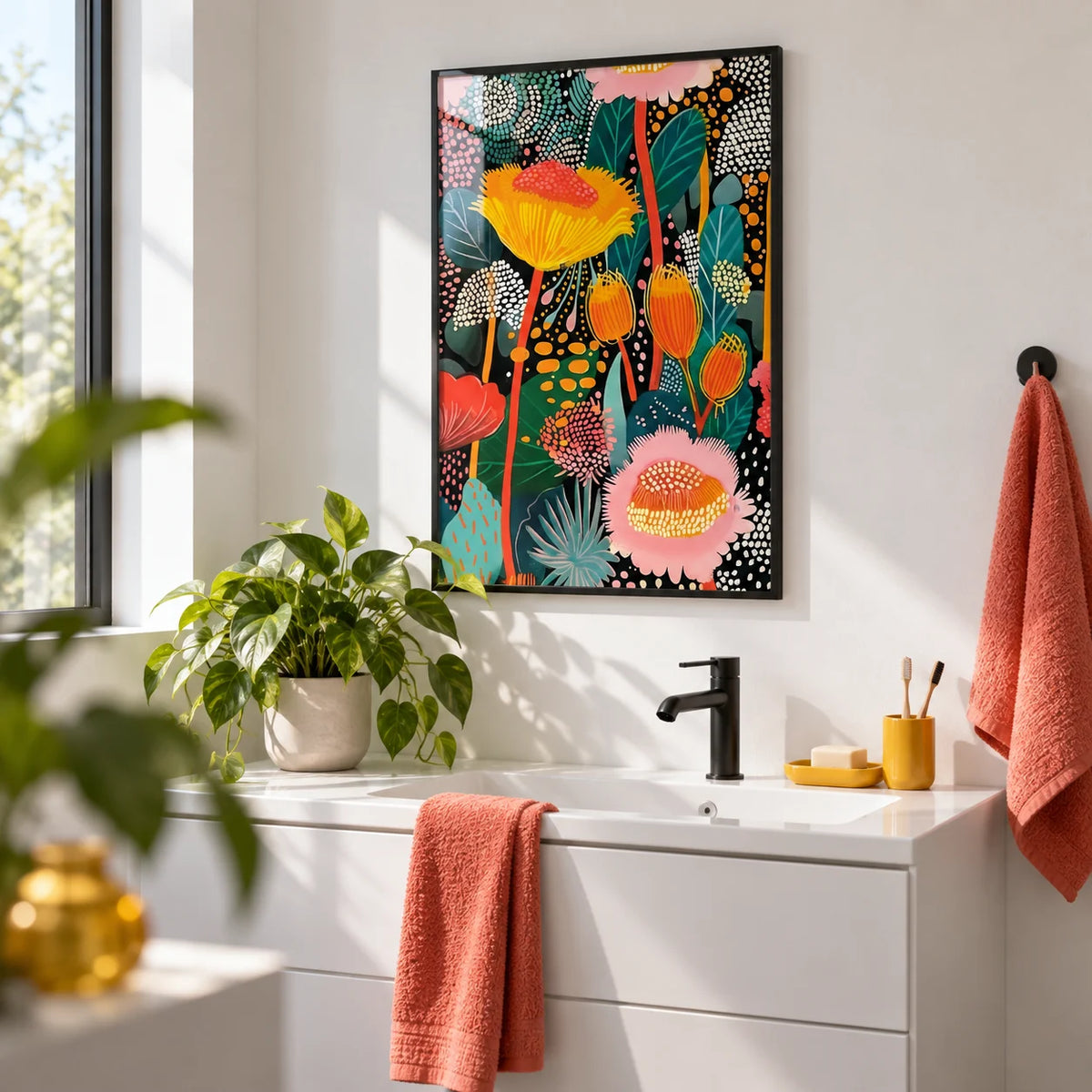 Colorful Wall Art, framed on the wall of a bright modern bathroom with plain white walls and a black basin tap