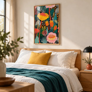 Colorful Wall Art, framed on the wall of a calm bedroom with plain warm white walls