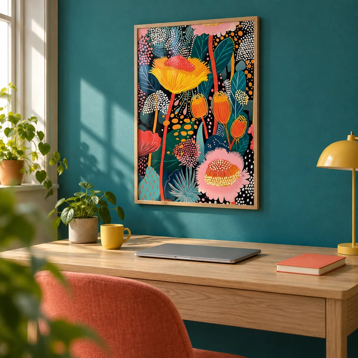 Colorful Wall Art, framed on the wall of a cheerful home office with a solid teal painted wall