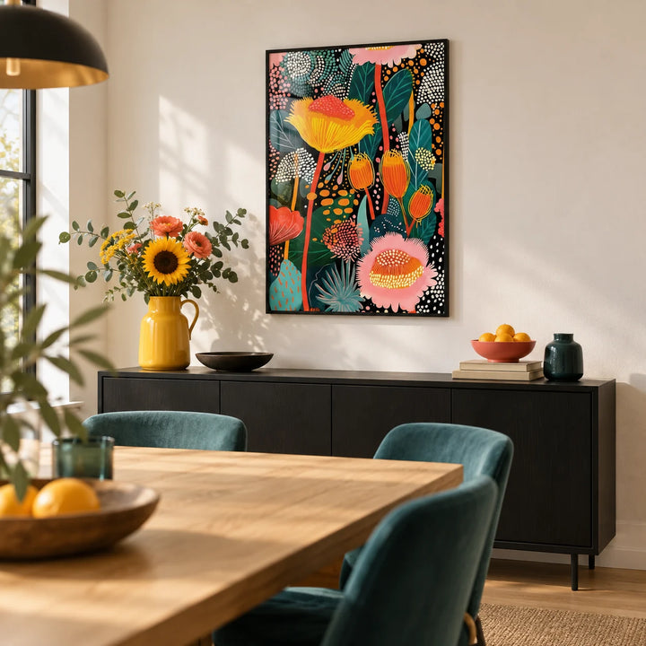 Colorful Wall Art, framed on the wall of a modern dining room with a warm white wall