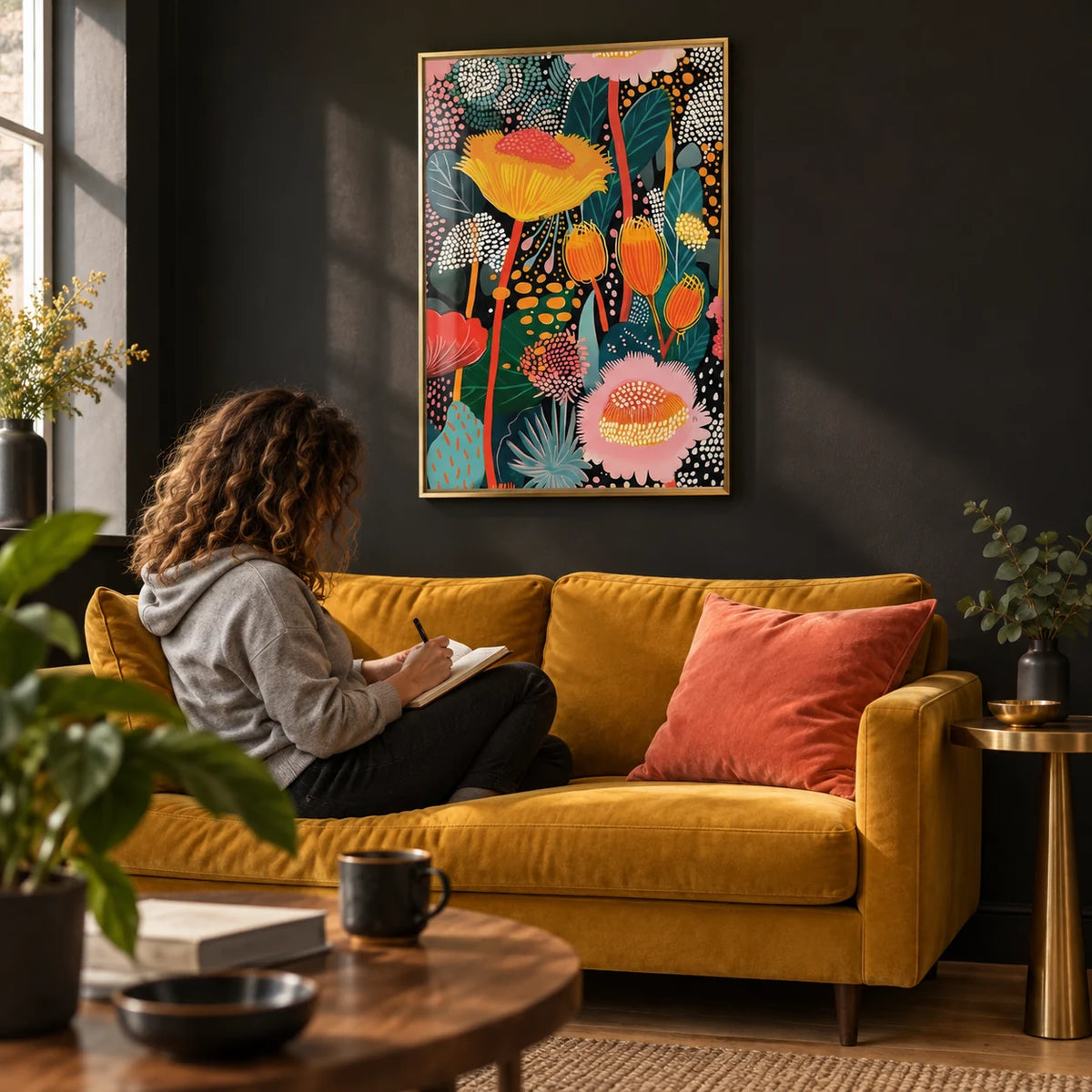 Colorful Wall Art, framed on the wall of a moody modern living room with a soft black painted wall and oak floorboards