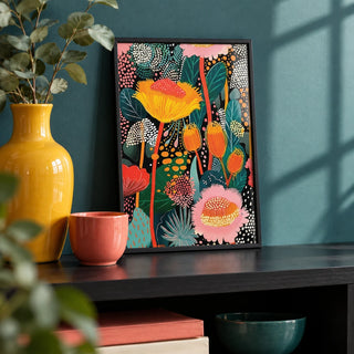 Colorful Wall Art, a small A4 framed print leaning on a black shelf in a living room