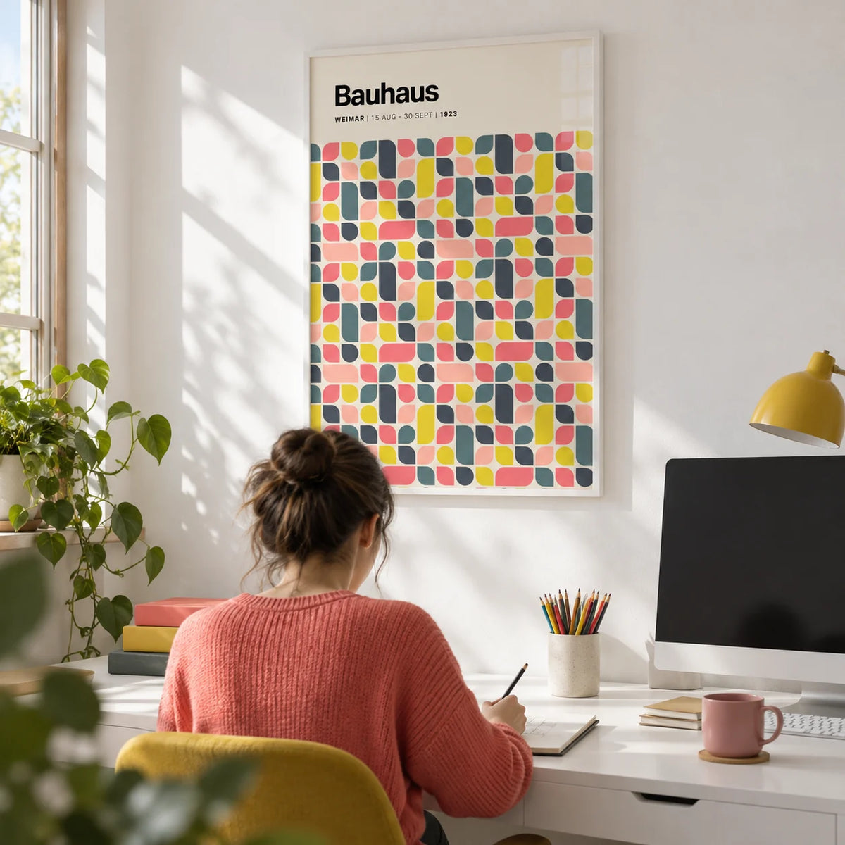 Colorful Wall Poster, framed on the wall of a bright creative studio with a white wall in a home office