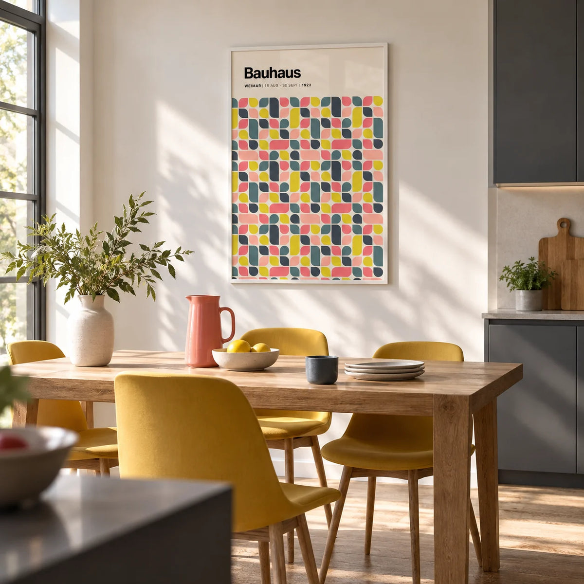 Colorful Wall Poster, framed on the wall of a bright kitchen-diner with plain slate grey units