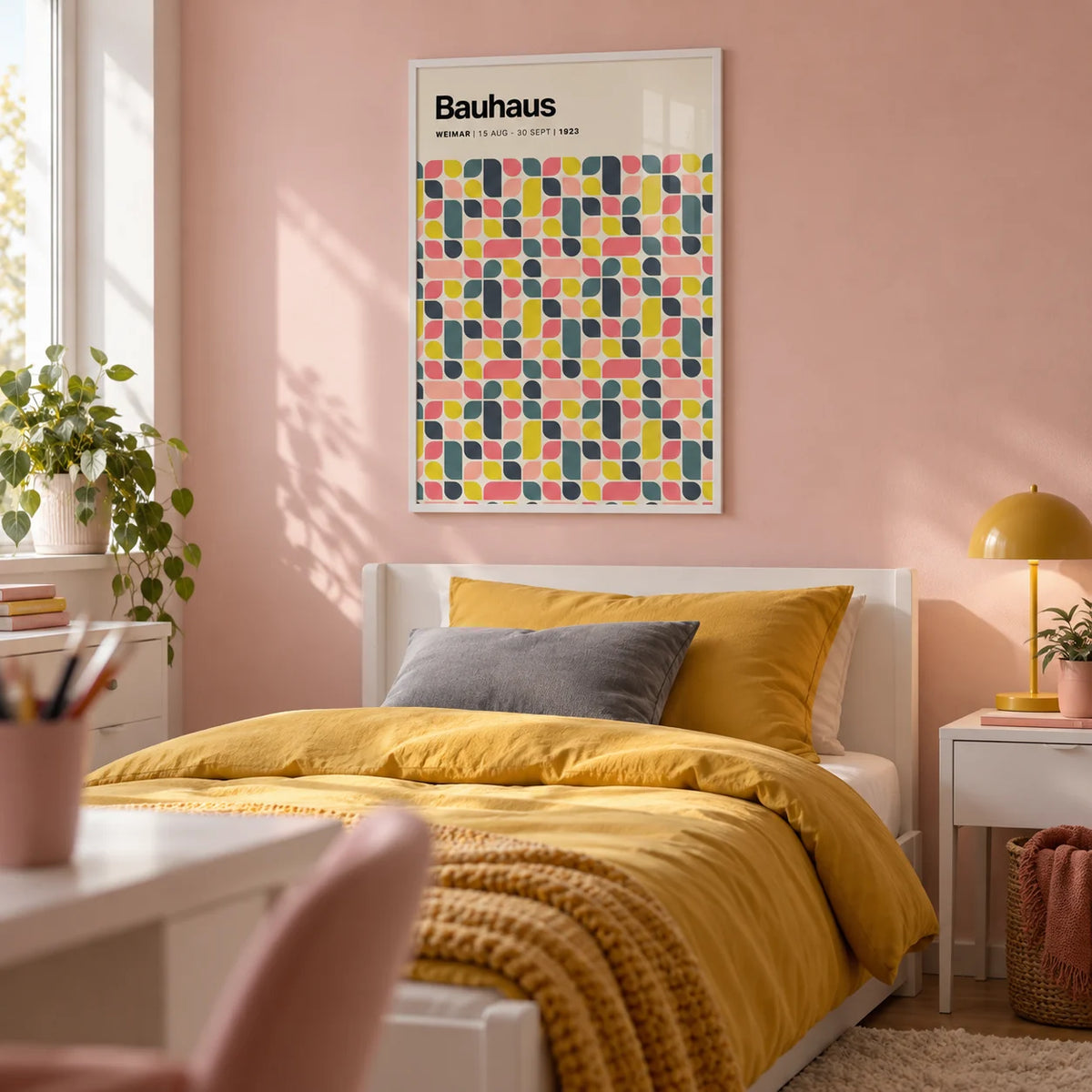 Colorful Wall Poster, framed on the wall of a fun teenage girl's bedroom (14-17) with a plain soft pink wall
