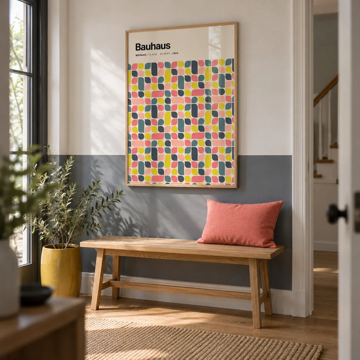 Colorful Wall Poster, framed on the wall of a hallway with a plain slate grey lower wall and a white upper wall