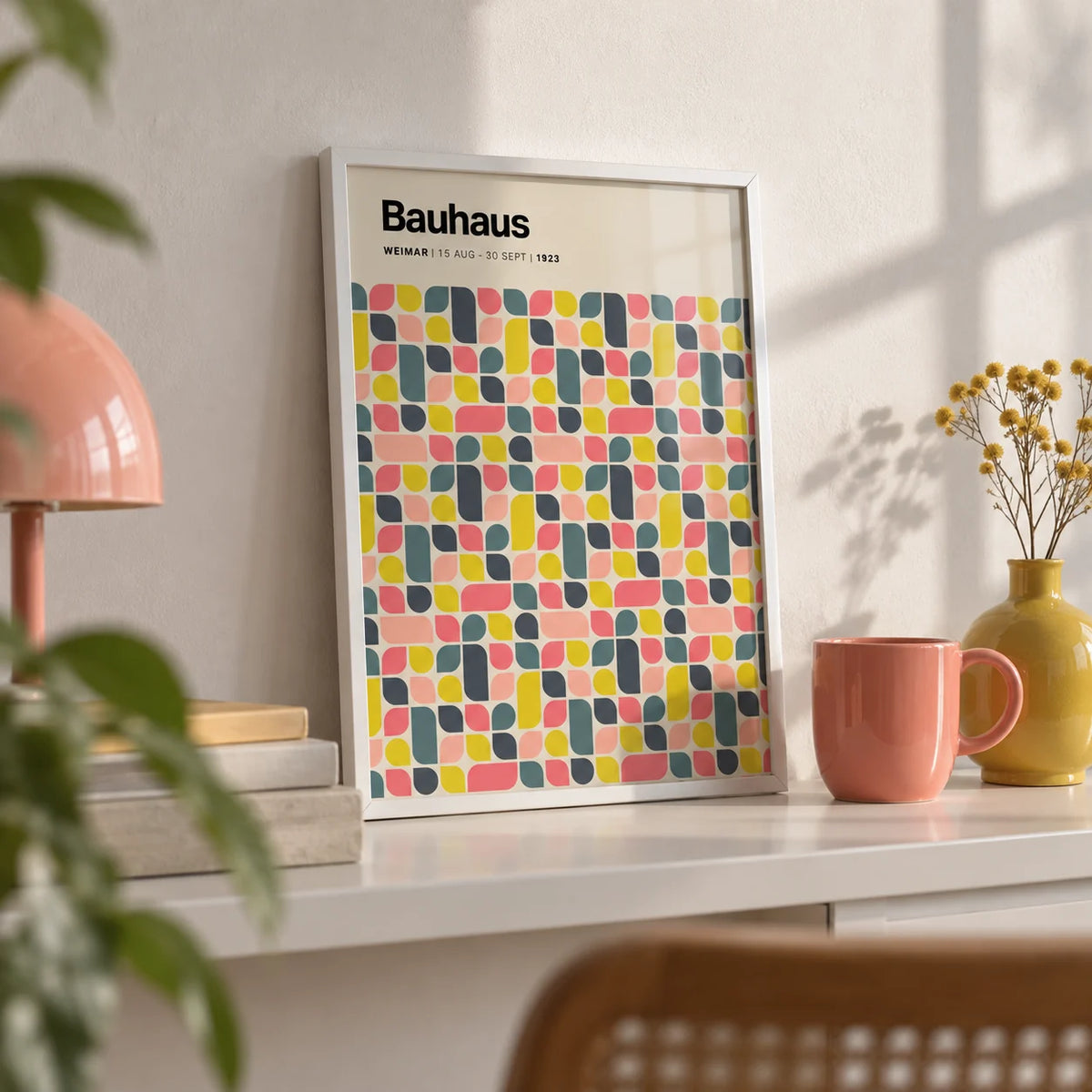 Colorful Wall Poster, a small A4 framed print leaning on a white shelf in a living room