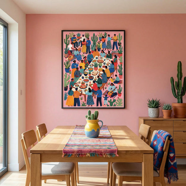 Dining room with a colorful Mexican wall art piece on a pink wall, wooden table, and chairs.