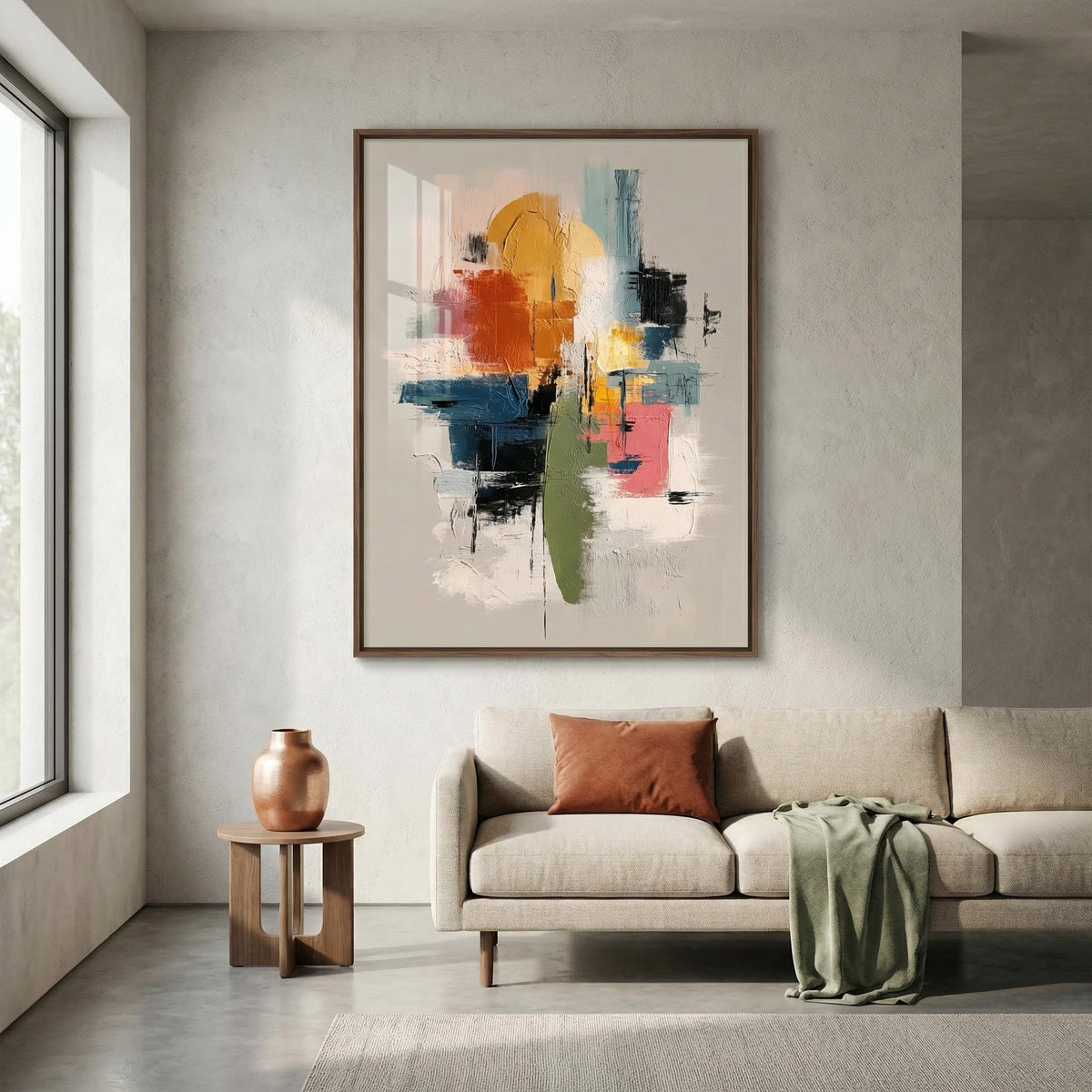 Modern living room with a colorful abstract painting on the wall, a beige sofa, and a wooden side table.