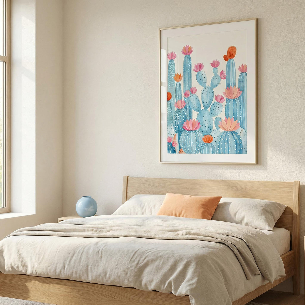 Bedroom with a bed, pillows, and a colorful cactus artwork on the wall.