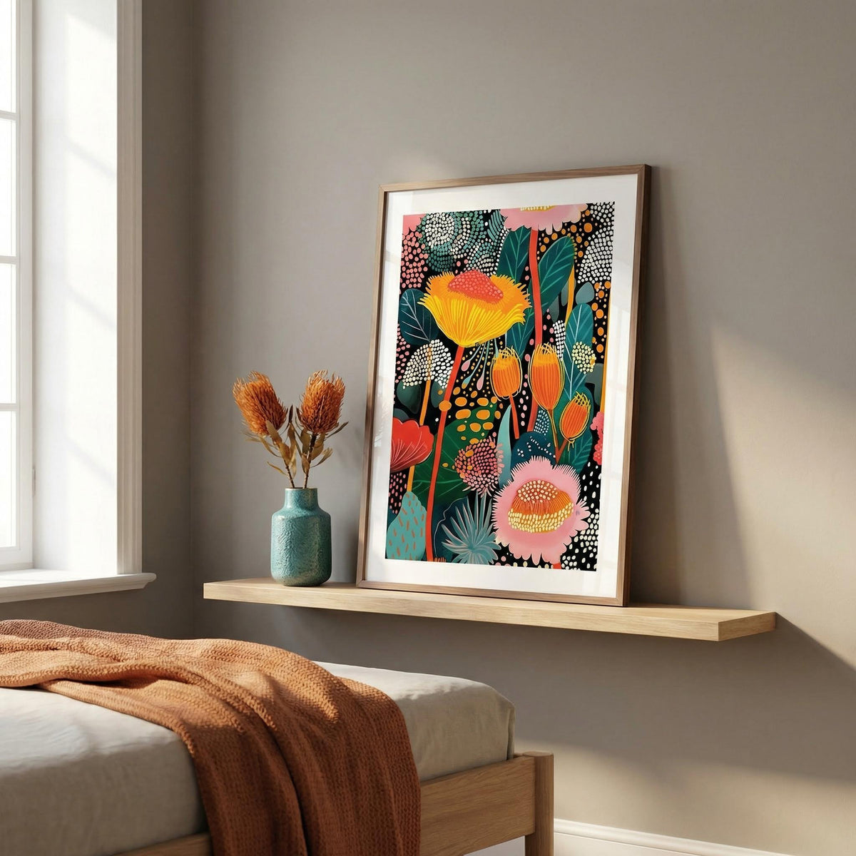 Framed colorful floral artwork on a wooden shelf in a bedroom.