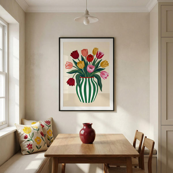 Dining room with a vase of flowers on the table and a colorful floral painting on the wall.