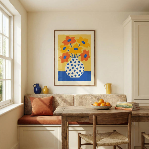 Nook with wooden table, bench, and colorful floral painting on wall