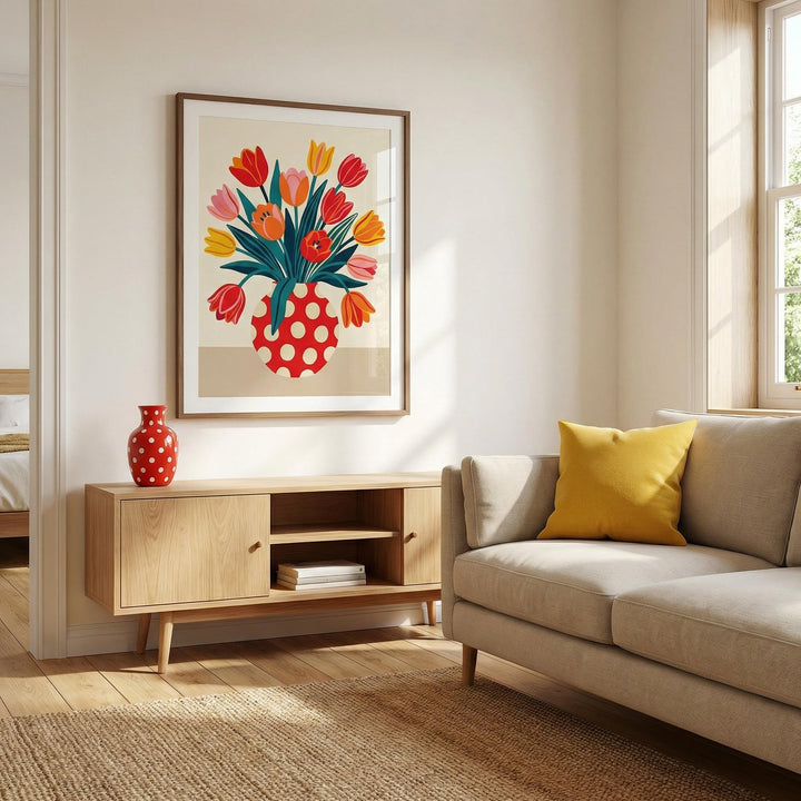 Floral Art Print in a wooden frame with a red polka dot vase above a wooden sideboard in a living room