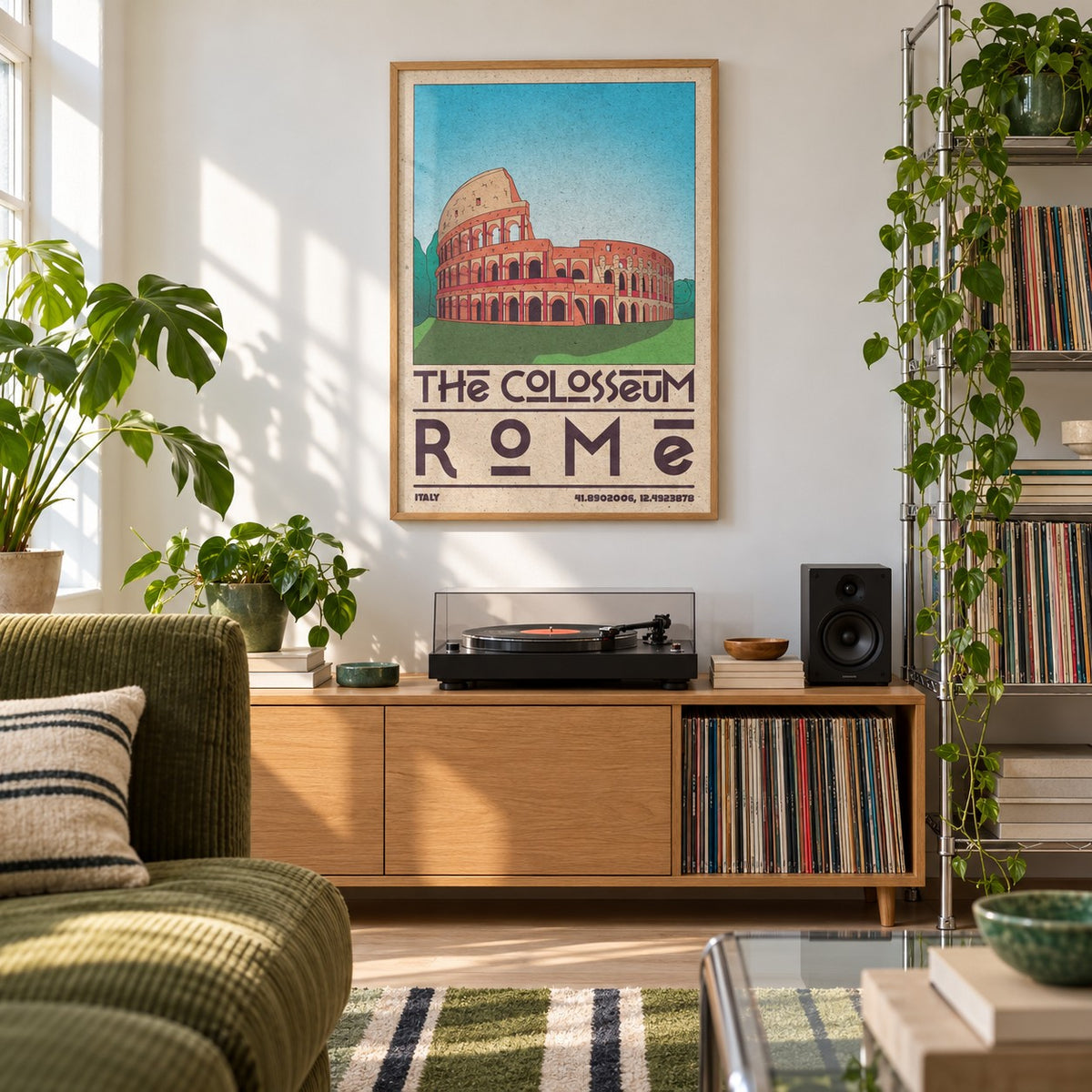 Colosseum Art Print shown in a city apartment record corner (frame not included)