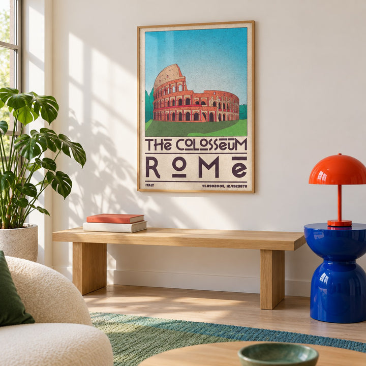 Colosseum Art Print shown in a colourful minimalist living room with a bench (frame not included)