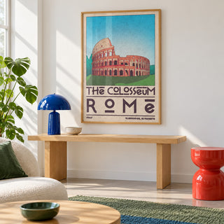 Colosseum Art Print shown in a minimalist living room with an oak console (frame not included)
