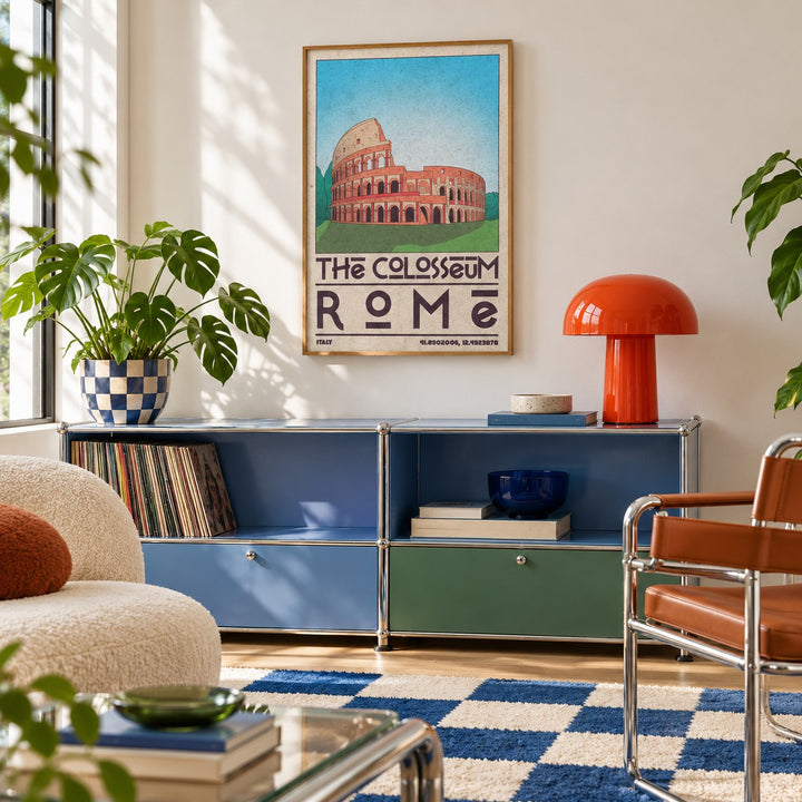 Colosseum Art Print shown in a retro lounge corner (frame not included)