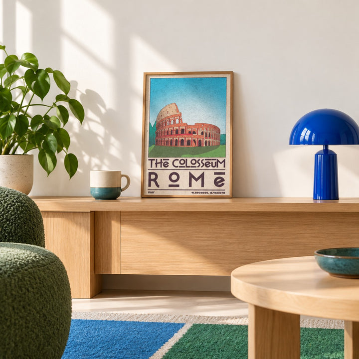 Colosseum Art Print shown in the small A4 size on a styled console (frame not included)