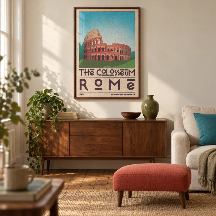 Colosseum Art Print, framed on the wall of a warm living room in a Victorian UK terrace with cream plaster walls