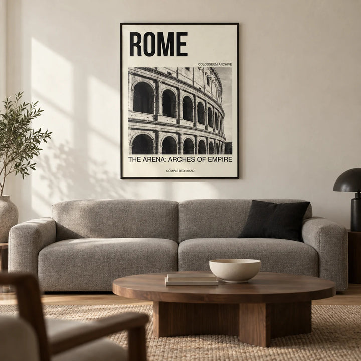 Colosseum Wall Art, framed on the wall of a design-led living room in a UK city flat with an ivory plaster wall