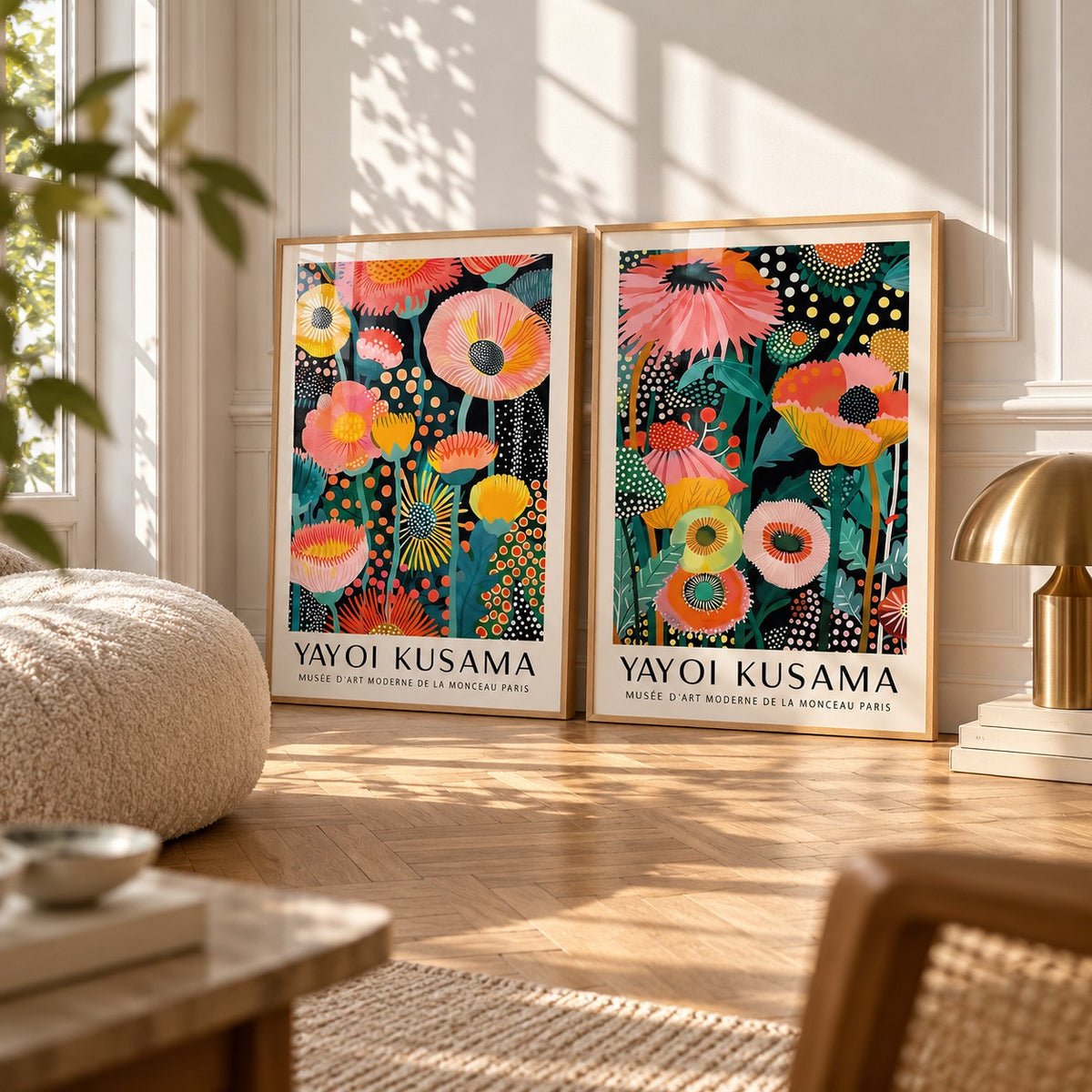 Colourful Floral Prints Set of 2 styled leaning on a herringbone floor between a boucle cushion and a brass mushroom lamp: Petal Paradise and Botanical Glow shown framed side by side (frames not included)