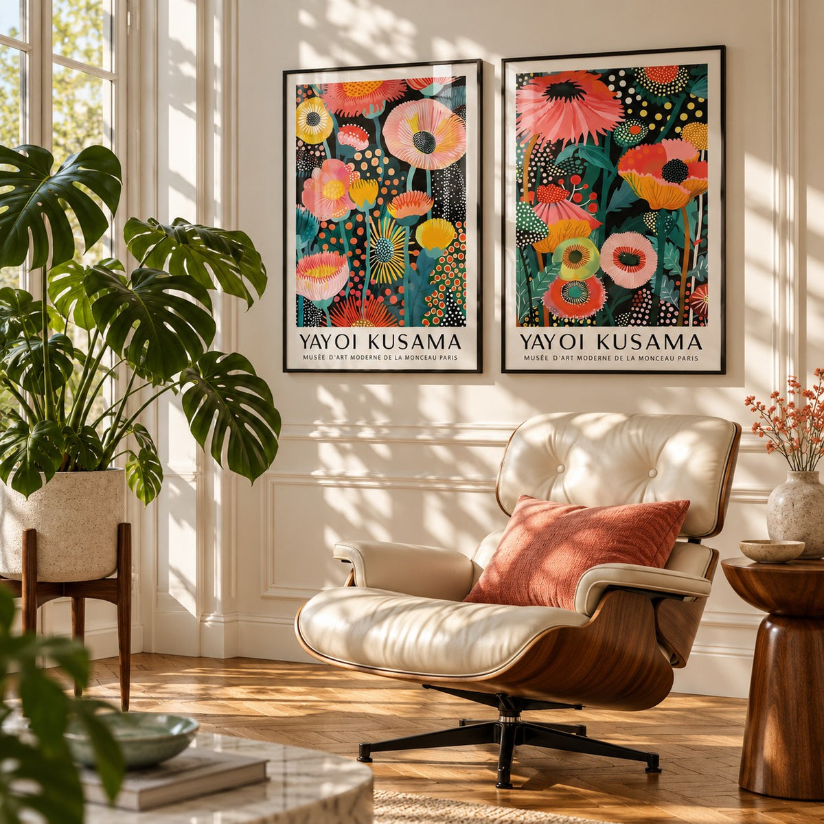 Colourful Floral Prints Set of 2 styled on a sunlit wall beside a cream leather lounge chair and a monstera: Petal Paradise and Botanical Glow shown framed side by side (frames not included)
