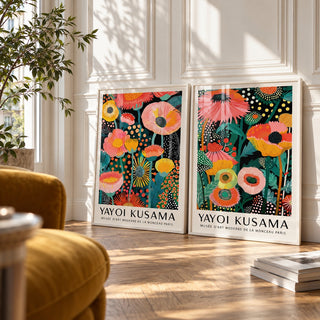 Colourful Floral Prints Set of 2 styled against a white panelled wall behind a mustard velvet armchair: Petal Paradise and Botanical Glow shown framed side by side (frames not included)