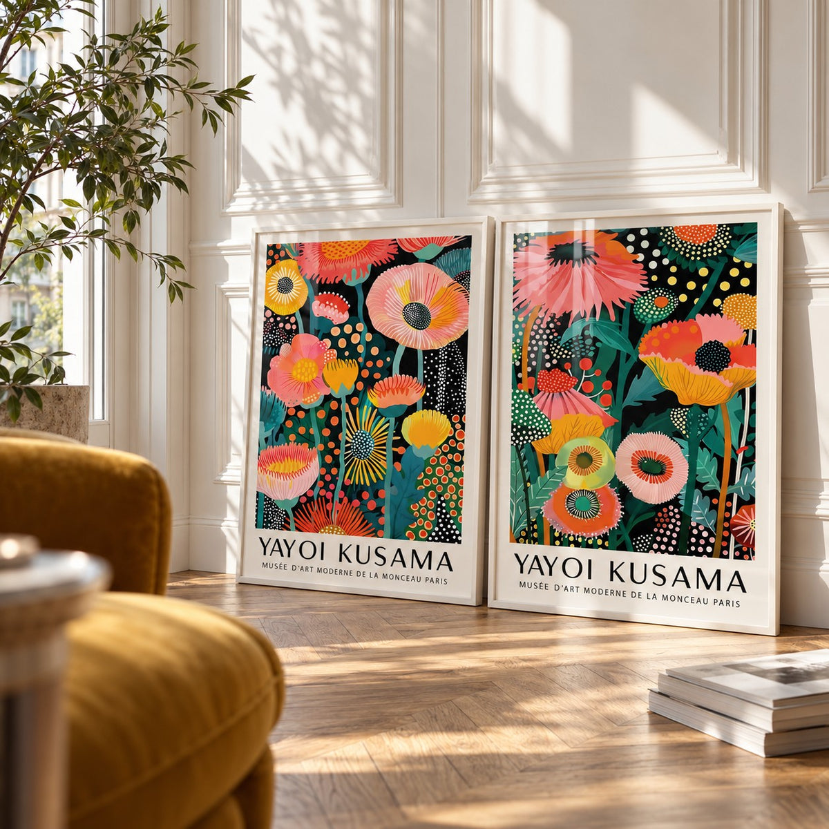 Colourful Floral Prints Set of 2 styled against a white panelled wall behind a mustard velvet armchair: Petal Paradise and Botanical Glow shown framed side by side (frames not included)