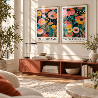 Colourful Floral Prints Set of 2 styled above a terracotta credenza in a warm minimal room: Petal Paradise and Botanical Glow shown framed side by side (frames not included)
