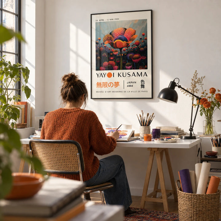 Colourful Flower Prints, framed on the wall of a bright creative studio with a white wall in a home office