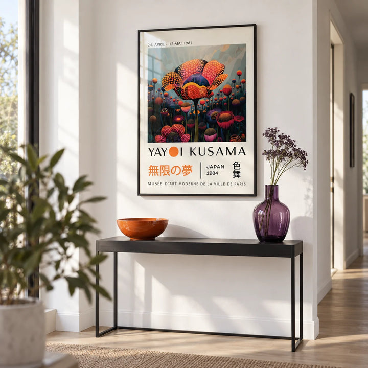 Colourful Flower Prints, framed on the wall of a gallery-white hallway with a pale oak floor