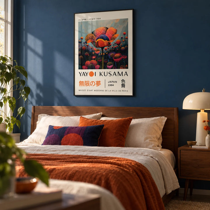Colourful Flower Prints, framed on the wall of a modern bedroom with a deep blue painted wall
