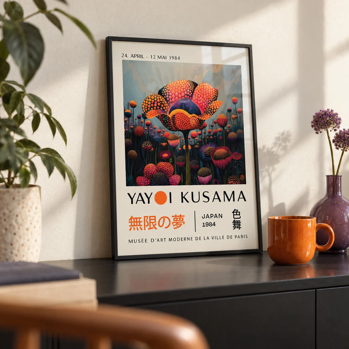 Colourful Flower Prints, a small A4 framed print leaning on a black shelf in a living room
